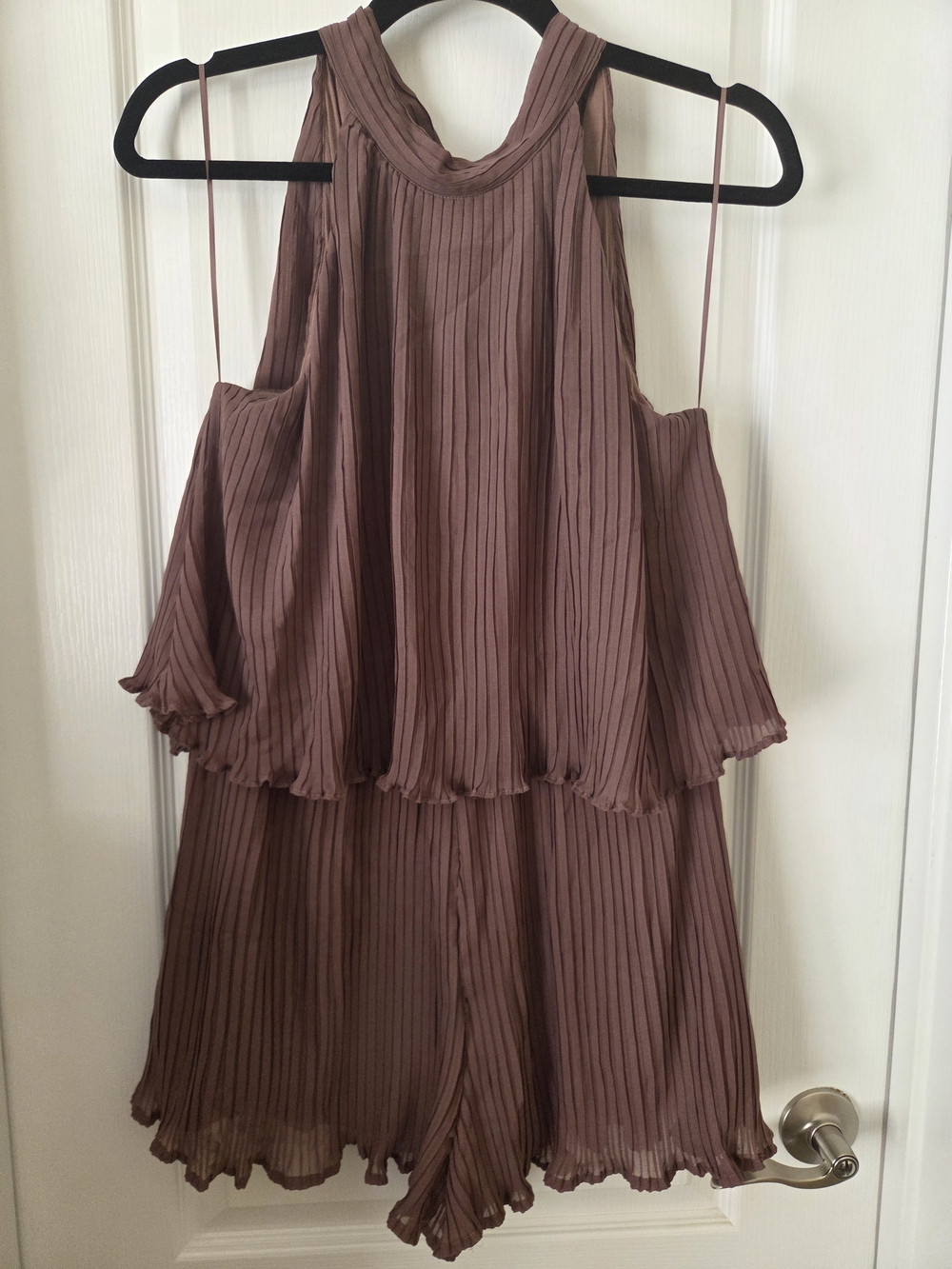 Lush Taupe Pleated Tie Neck Halter Romper